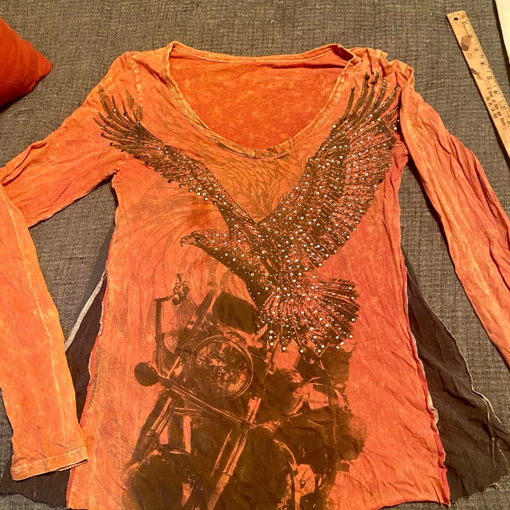 Women's Orange Graphic Rock and Roll Long Sleeve Top